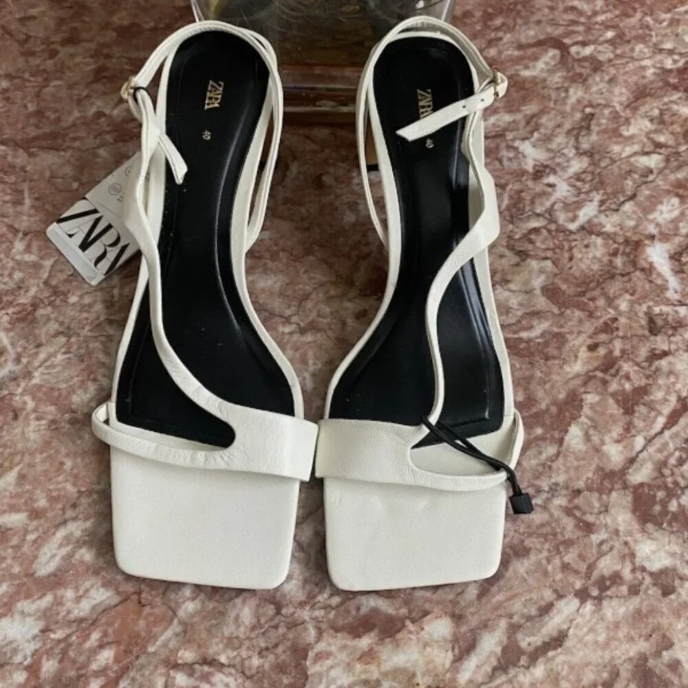 Zara Retro Ivory Strap Square Toe Y2K Heeled Sandal SIZ US 10/EU 41 1313/110/001